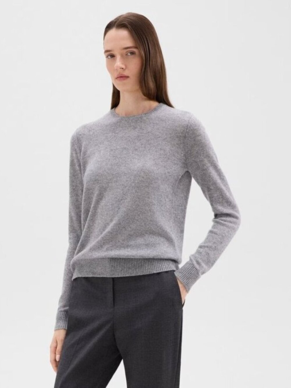 Theory Crew Neck Feather Cashmere Long Sleeve Sweater Gray